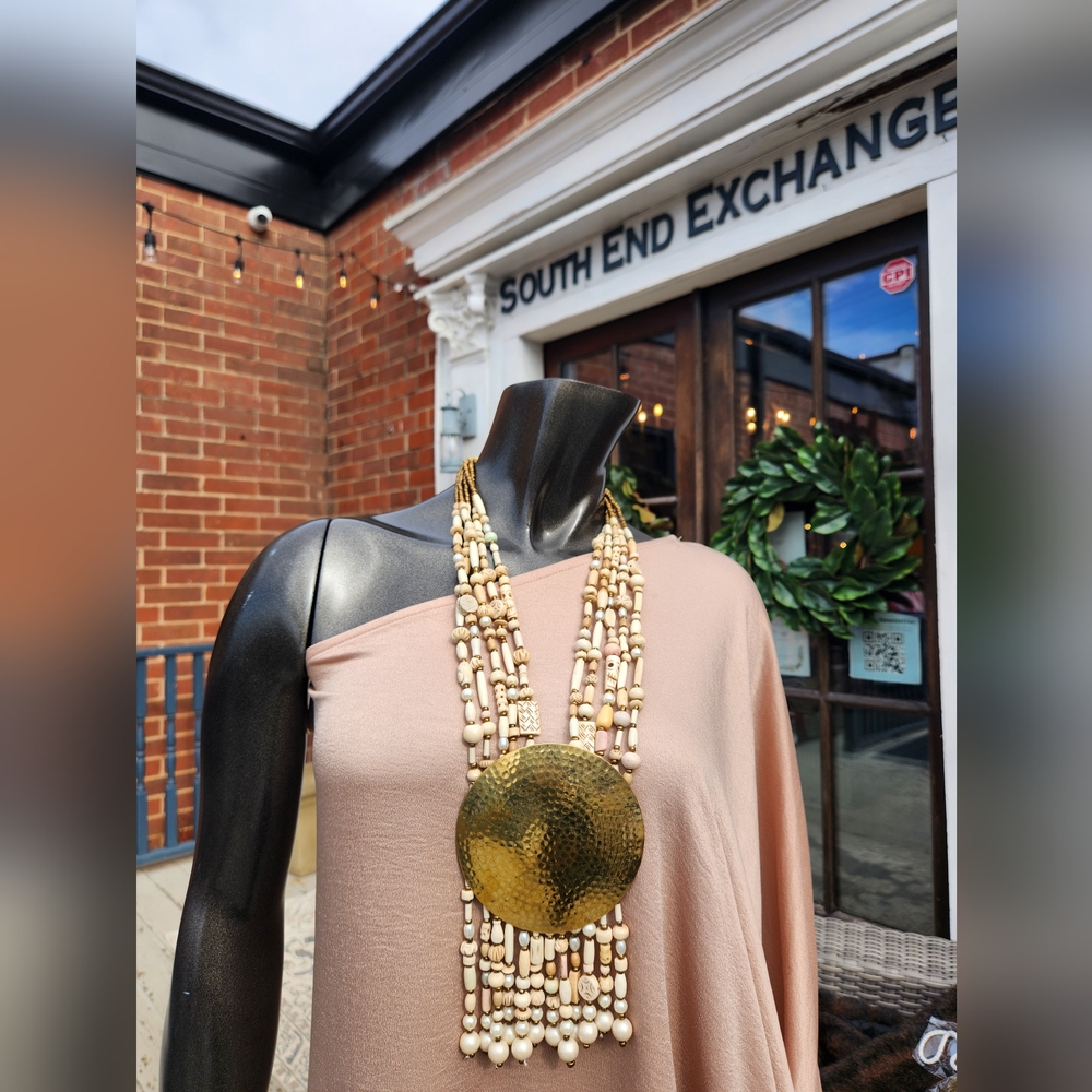 Neutral Beaded Statement Necklace with Bold Medallion 😍